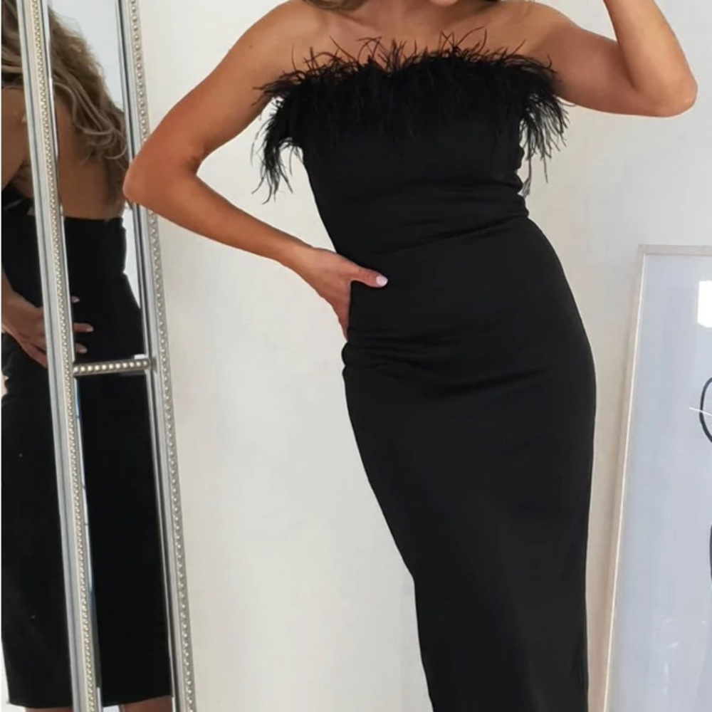 ASHLYN FEATHER DETAIL MIDI DRESS | BLACK - Picture 2 of 4